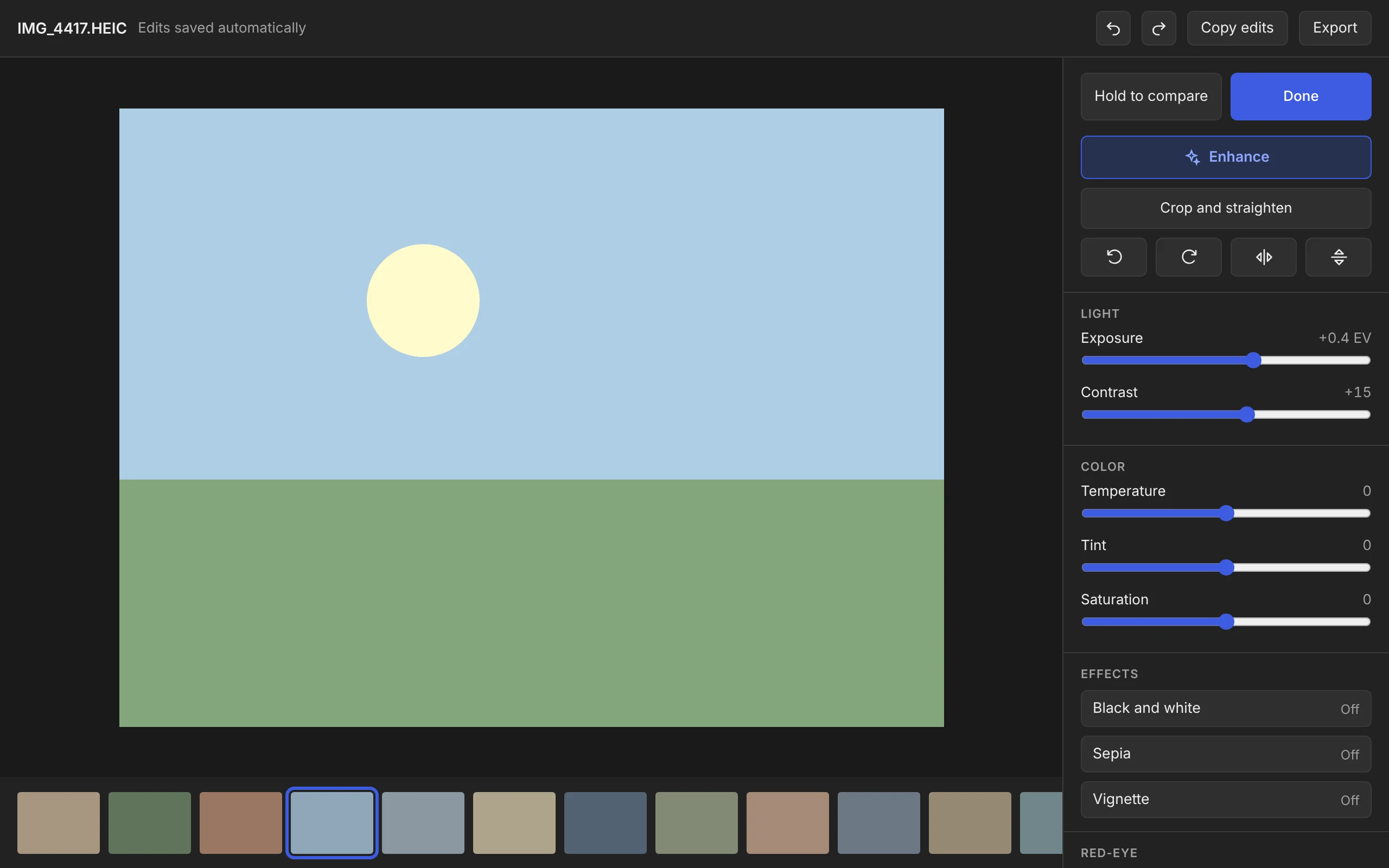 The styled Editor in dark mode: a large photo, a filmstrip, and a tool panel with Done, Enhance, crop and rotate buttons, light and color sliders, and effects.
