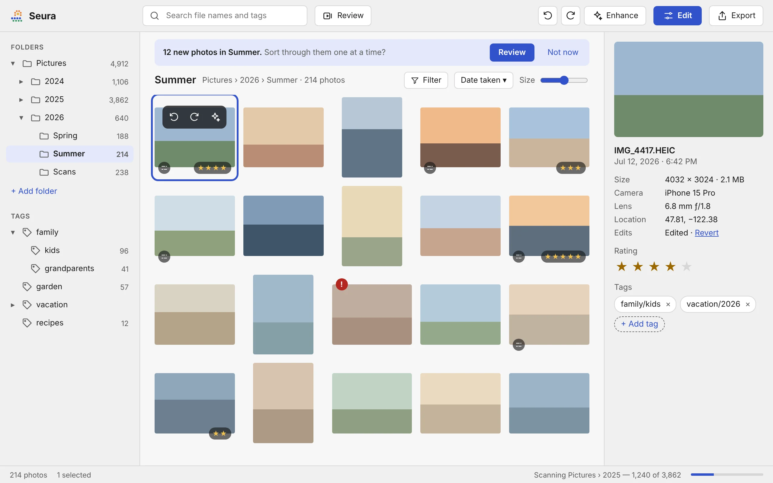 The styled Library in light mode: neutral gray panels, a grid of photo placeholders, one selected with a blue outline and a floating toolbar, and photo details on the right.