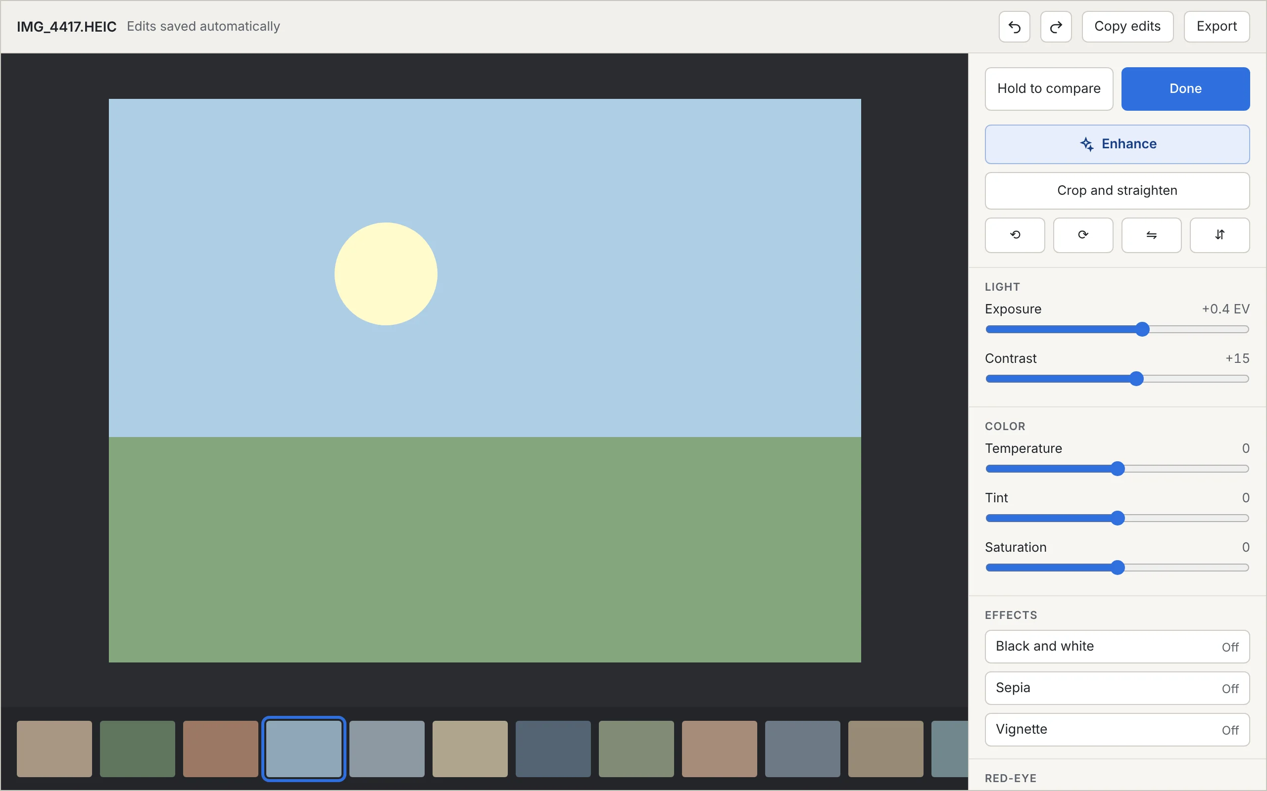 Wireframe of the Editor: a large photo on a dark background, a filmstrip below, and a tool panel on the right with Done, Enhance, crop, rotate, light and color sliders, effects, red-eye, and presets.