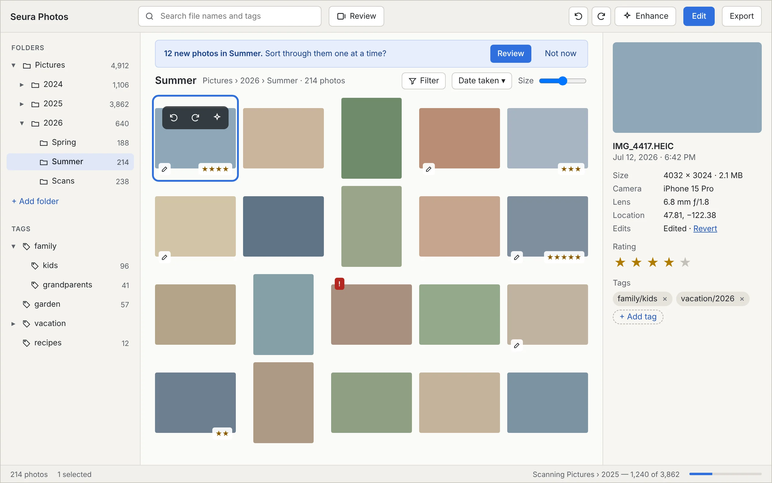 Wireframe of the Library: folders and tags on the left, a photo grid in the middle with rotate and Enhance buttons hovering over one photo, and photo details on the right.