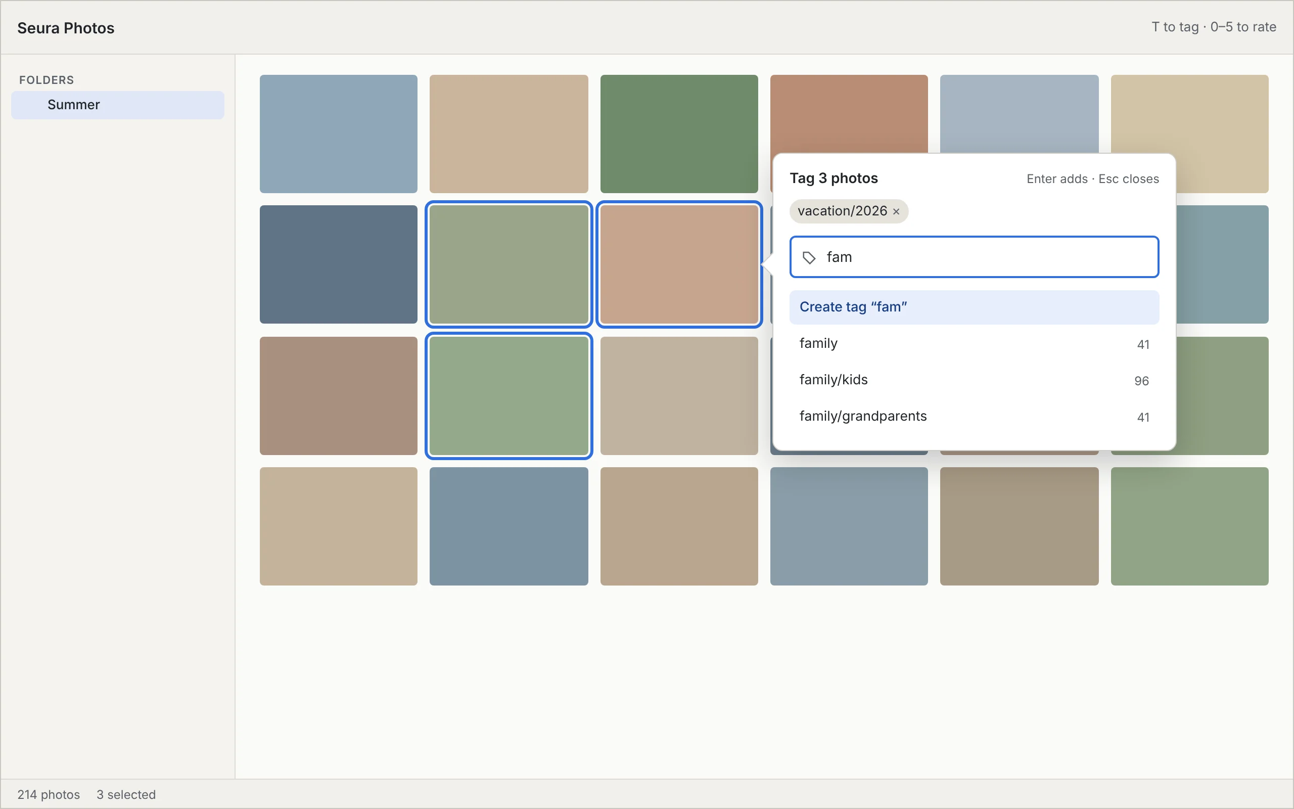 Wireframe of the tag picker: a small panel anchored to the selected photo, with a search field and a list of existing tags.